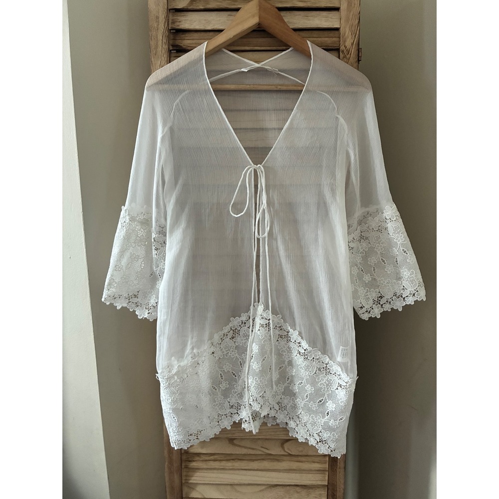 Shineena White Lace Trim Sheer Tie Front Cover Up Bell Sleeve Top M
